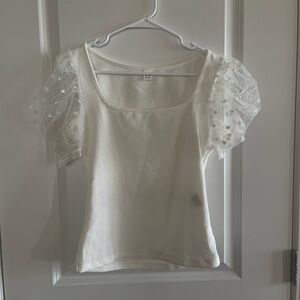 H&M White Blouse with Sheer Puff Sleeves